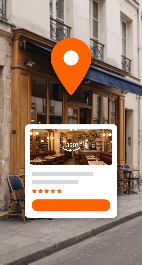 Devanture d'un restaurant parisien avec sa fiche Google et sa visite 360°