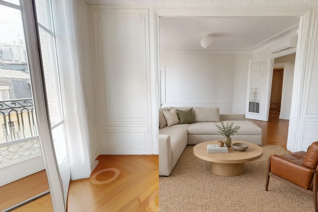 Empty living room furnished virtually with AI staging