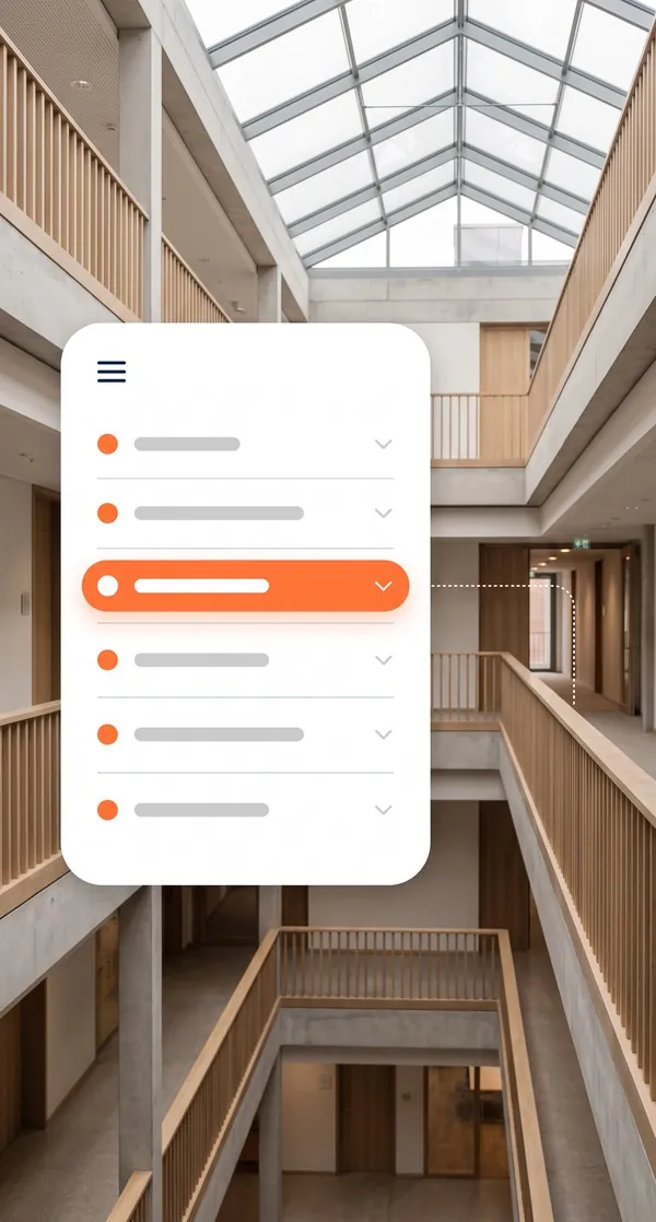 Menu de navigation affiché sur l'atrium vitré d'un bâtiment à coursives