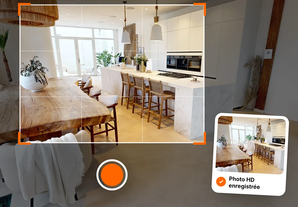 Cuisine ouverte cadrée dans la visite pour en tirer une photo HD