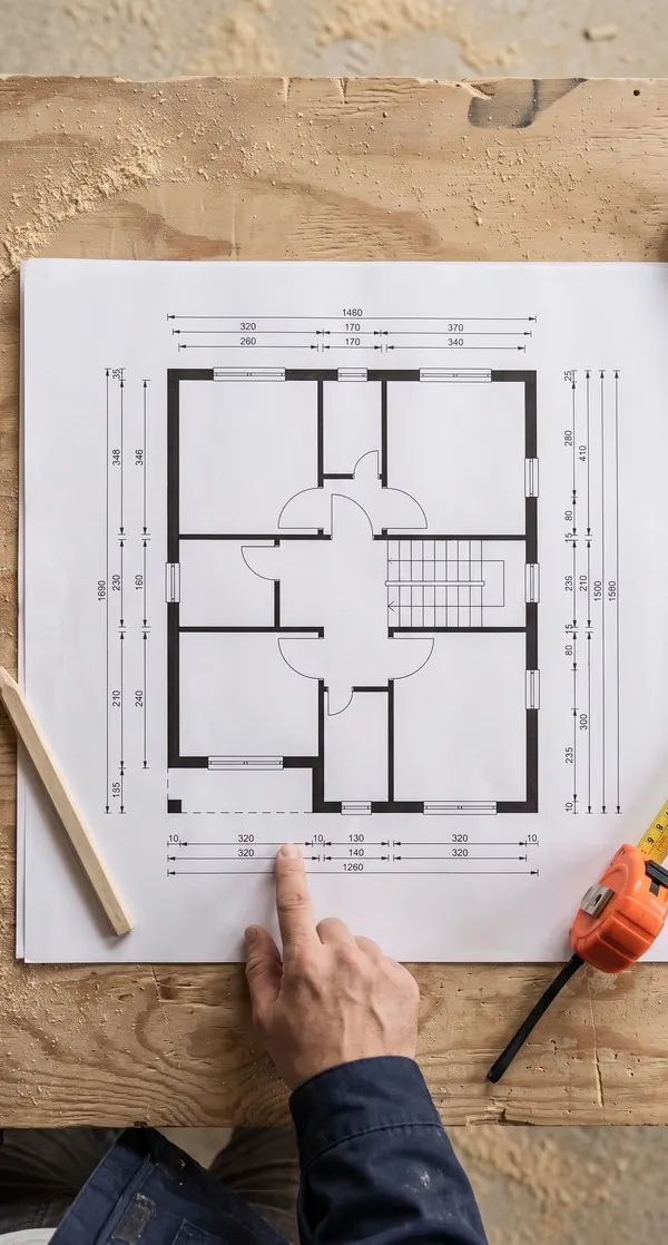 Main posée sur le plan 2D coté d'une maison, mètre ruban à côté