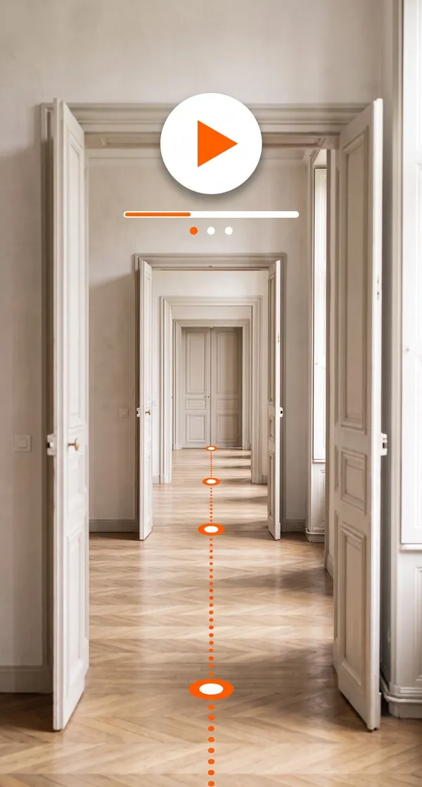 Enfilade de portes d'un appartement ancien et bouton lecture de la visite guidée