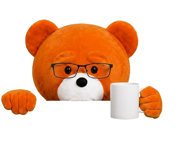 The easyVirtual.tours bear, the brand mascot, dressed for the Offices & businesses industry, hanging on to the edge of the card