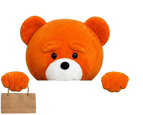 The easyVirtual.tours bear, the brand mascot, dressed for the Retail and services industry, hanging on to the edge of the card