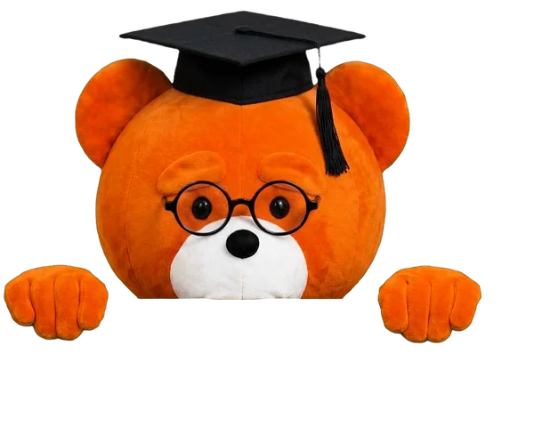 The easyVirtual.tours bear, the brand mascot, dressed for the Education industry, hanging on to the edge of the card