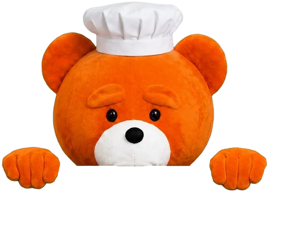 The easyVirtual.tours bear, the brand mascot, dressed for the Hotels & restaurants industry, hanging on to the edge of the card