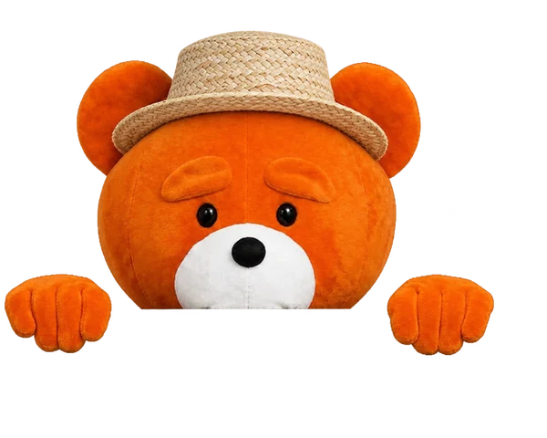Ours easyVirtual.tours, la mascotte de la marque, en tenue du métier, agrippé au bord de la carte