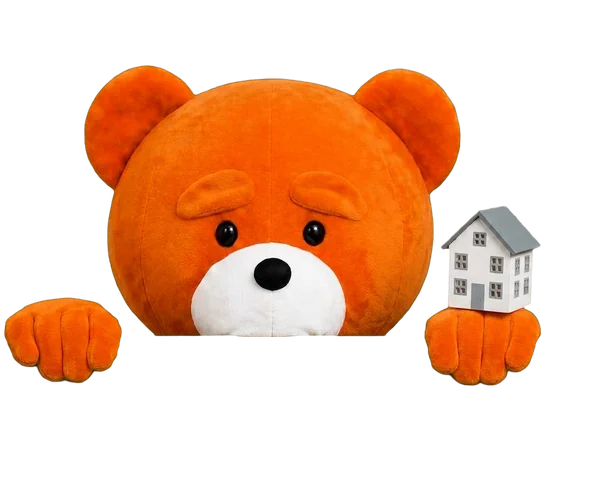 The easyVirtual.tours bear, the brand mascot, dressed for the Property industry, hanging on to the edge of the card