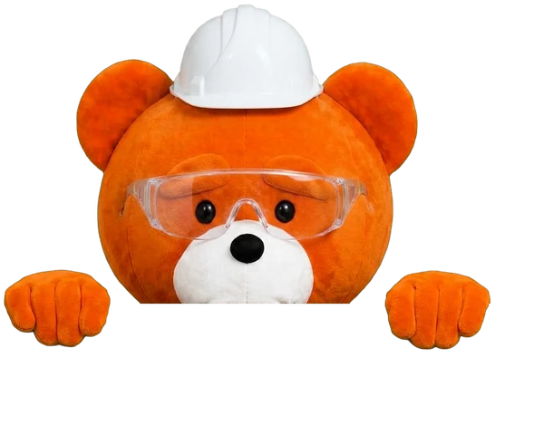 Ours easyVirtual.tours, la mascotte de la marque, en casque et lunettes de protection
