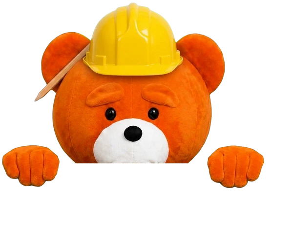 The easyVirtual.tours bear, the brand mascot, dressed for the Renovation industry, hanging on to the edge of the card