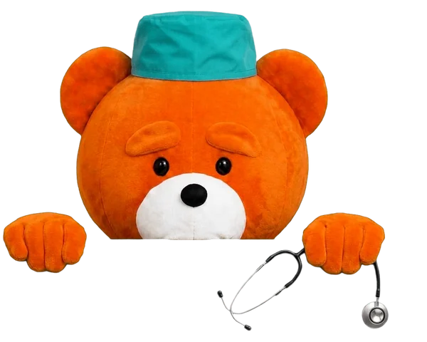 The easyVirtual.tours bear, the brand mascot, dressed for the Health & wellbeing industry, hanging on to the edge of the card