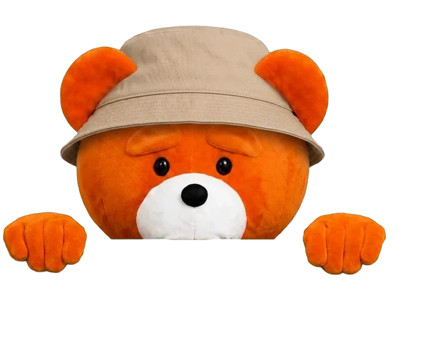 The easyVirtual.tours bear, the brand mascot, dressed for the Tourism industry, hanging on to the edge of the card