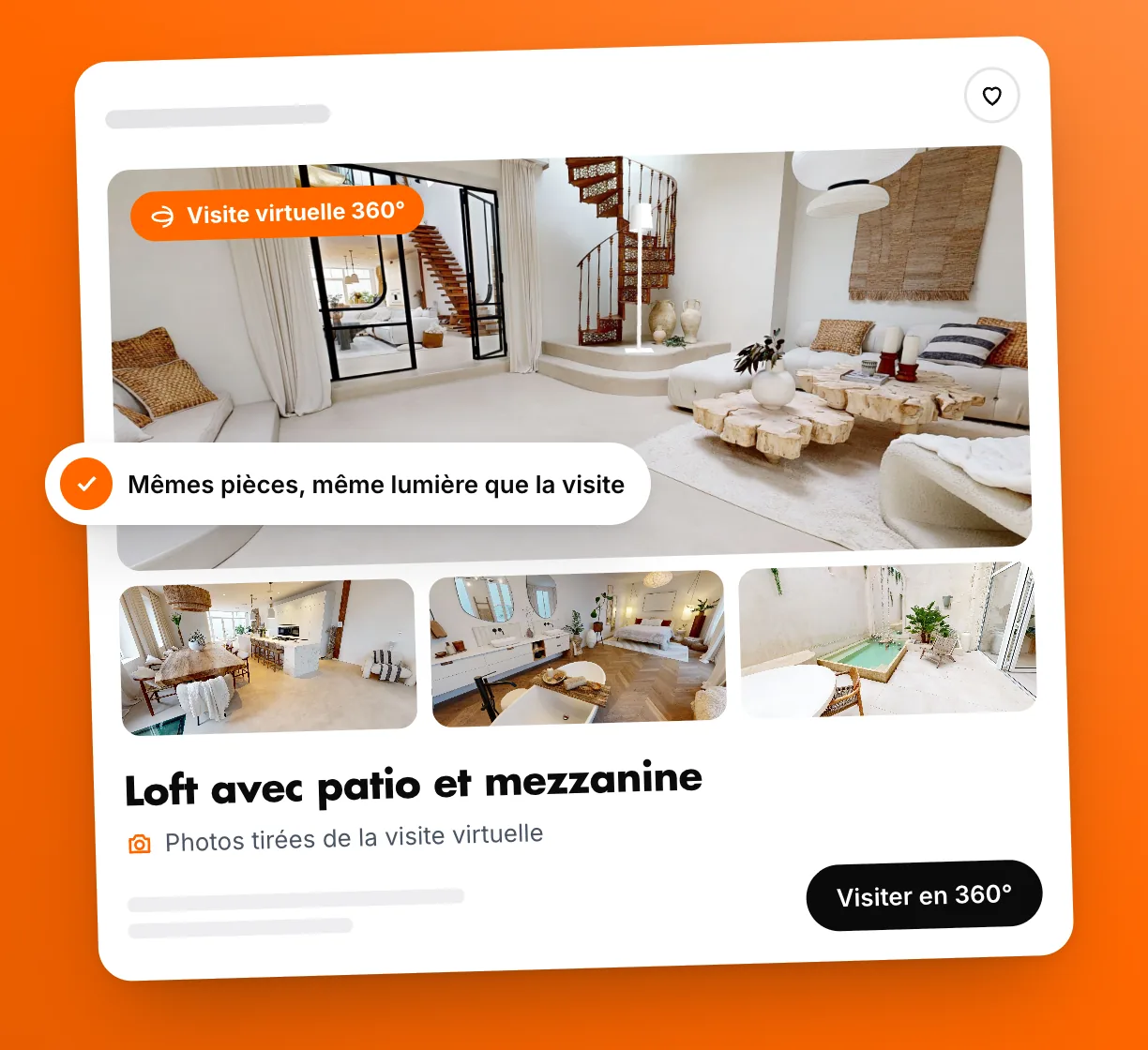 Property listing for a loft with a patio, illustrated with photos taken from its virtual tour: the living room large, dining room, bedroom and patio as thumbnails