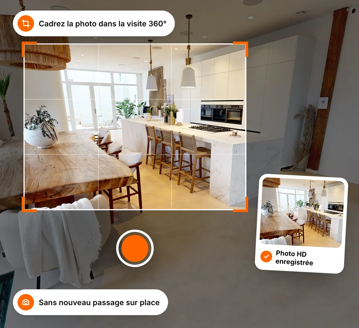 360° view of a dining room and kitchen, with an orange framing box and the resulting HD photo as a thumbnail