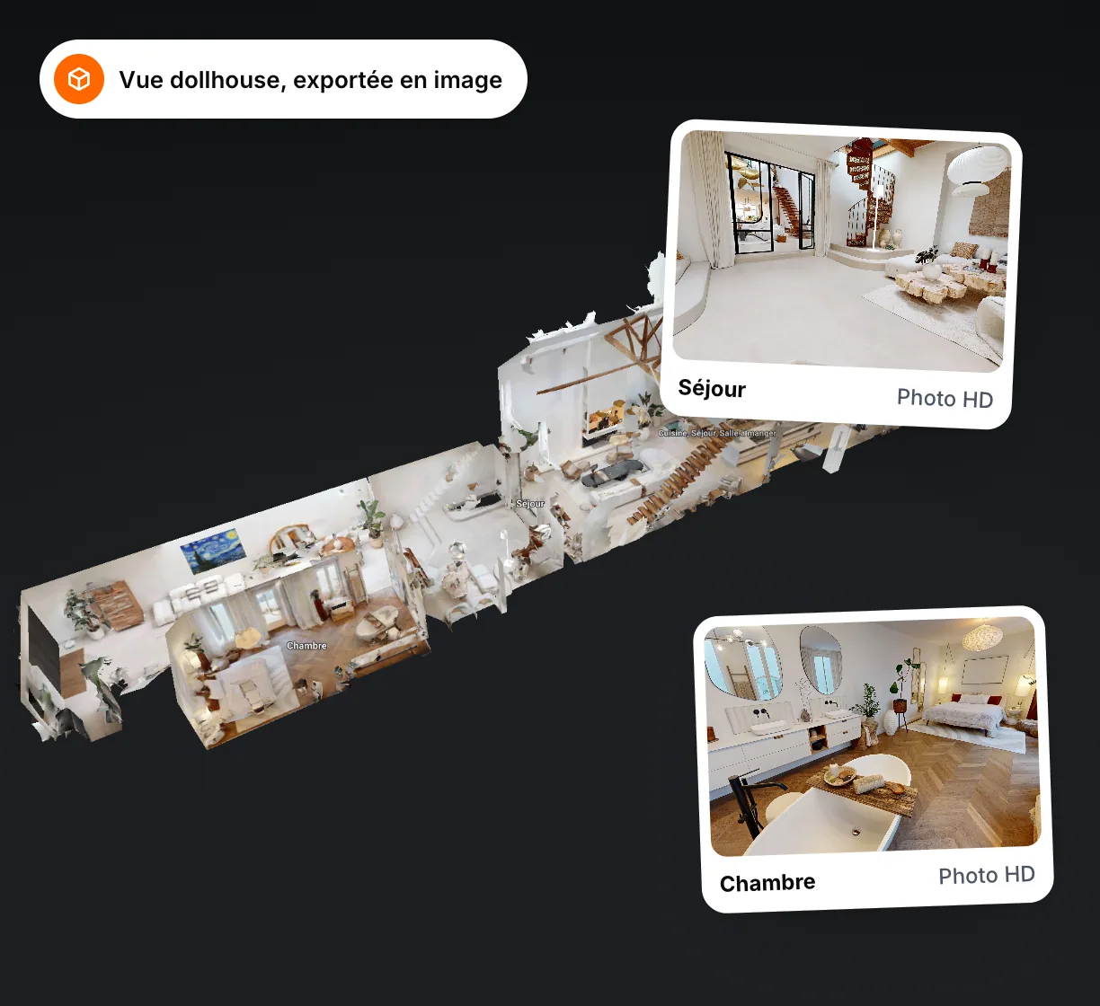 Dollhouse view of a two-storey loft, with the HD photos of the living room and bedroom taken from the same tour