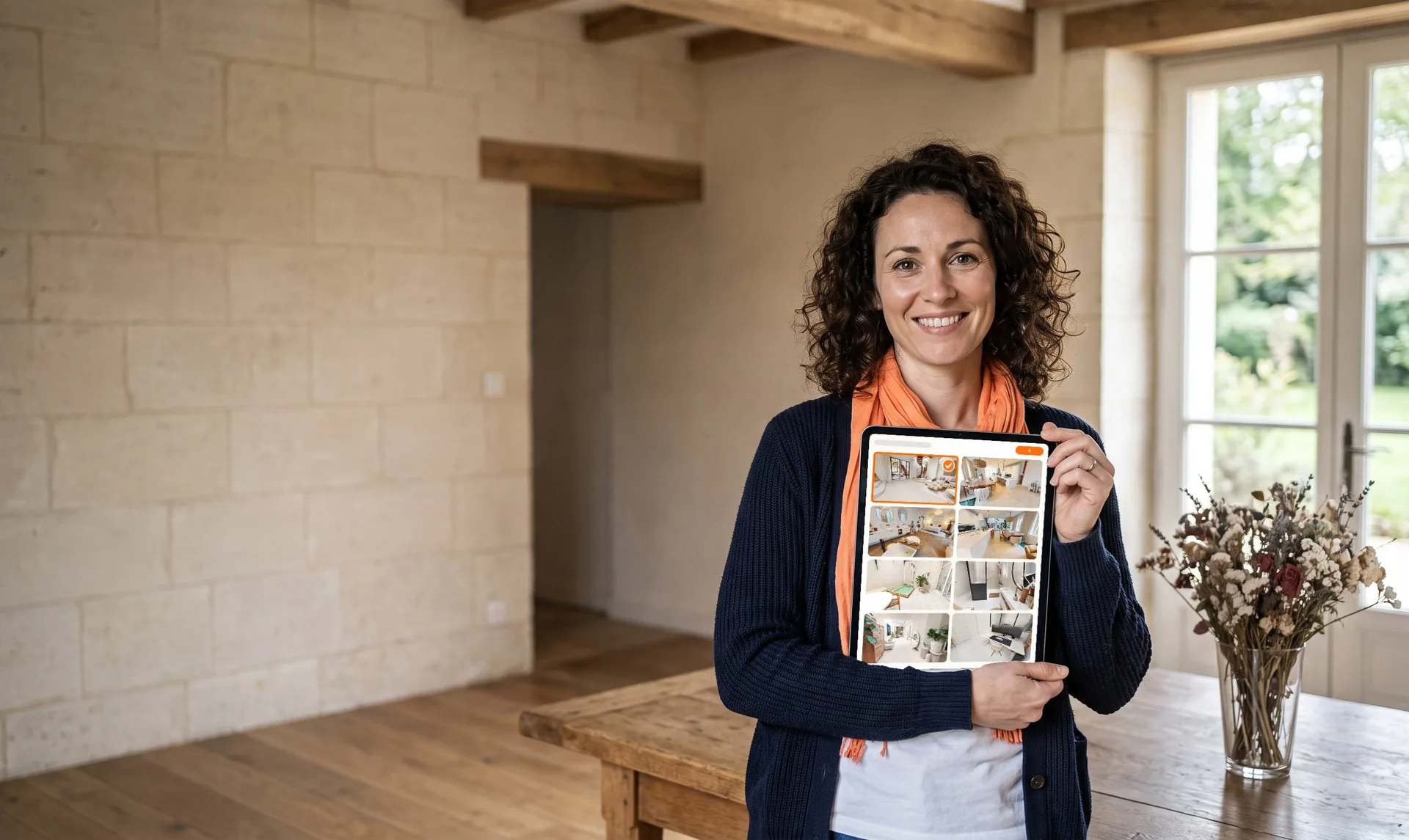 The owner of a guest house in her stone living room, tablet in hand on the gallery of HD photos taken from her virtual tour