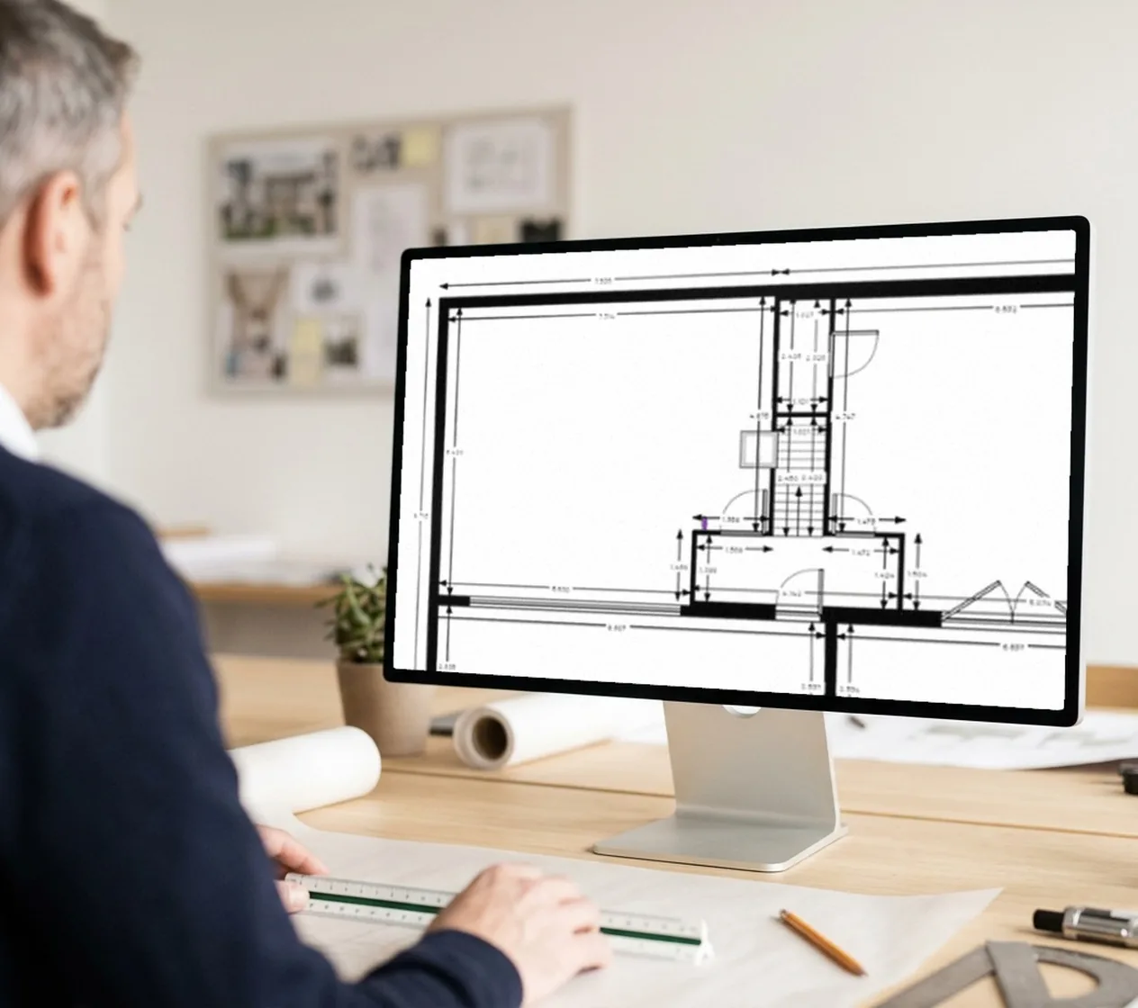 Architect in front of a screen showing the detail of a dimensioned 2D plan