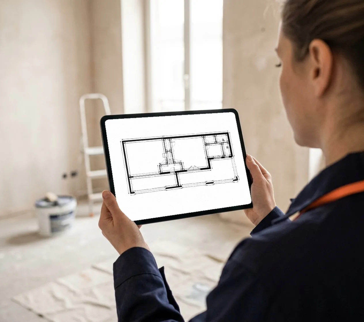 Technician checking the dimensioned 2D plan of a flat under renovation on a tablet