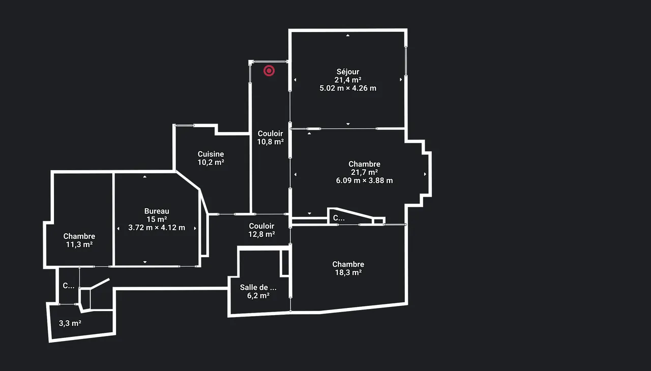 Plan 2D coté d'un appartement parisien, avec la surface et les dimensions de chaque pièce