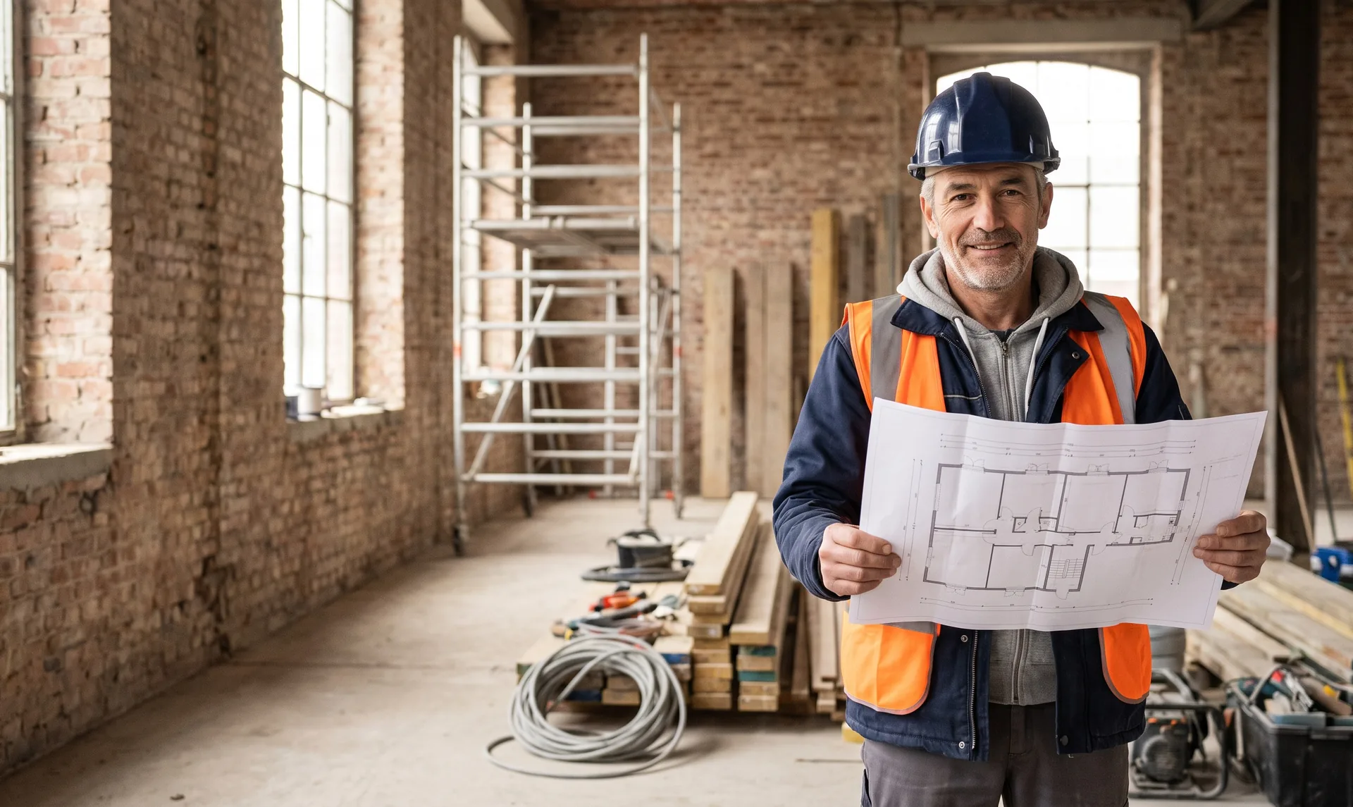 Site manager on a renovation site, holding an unfolded dimensioned plan
