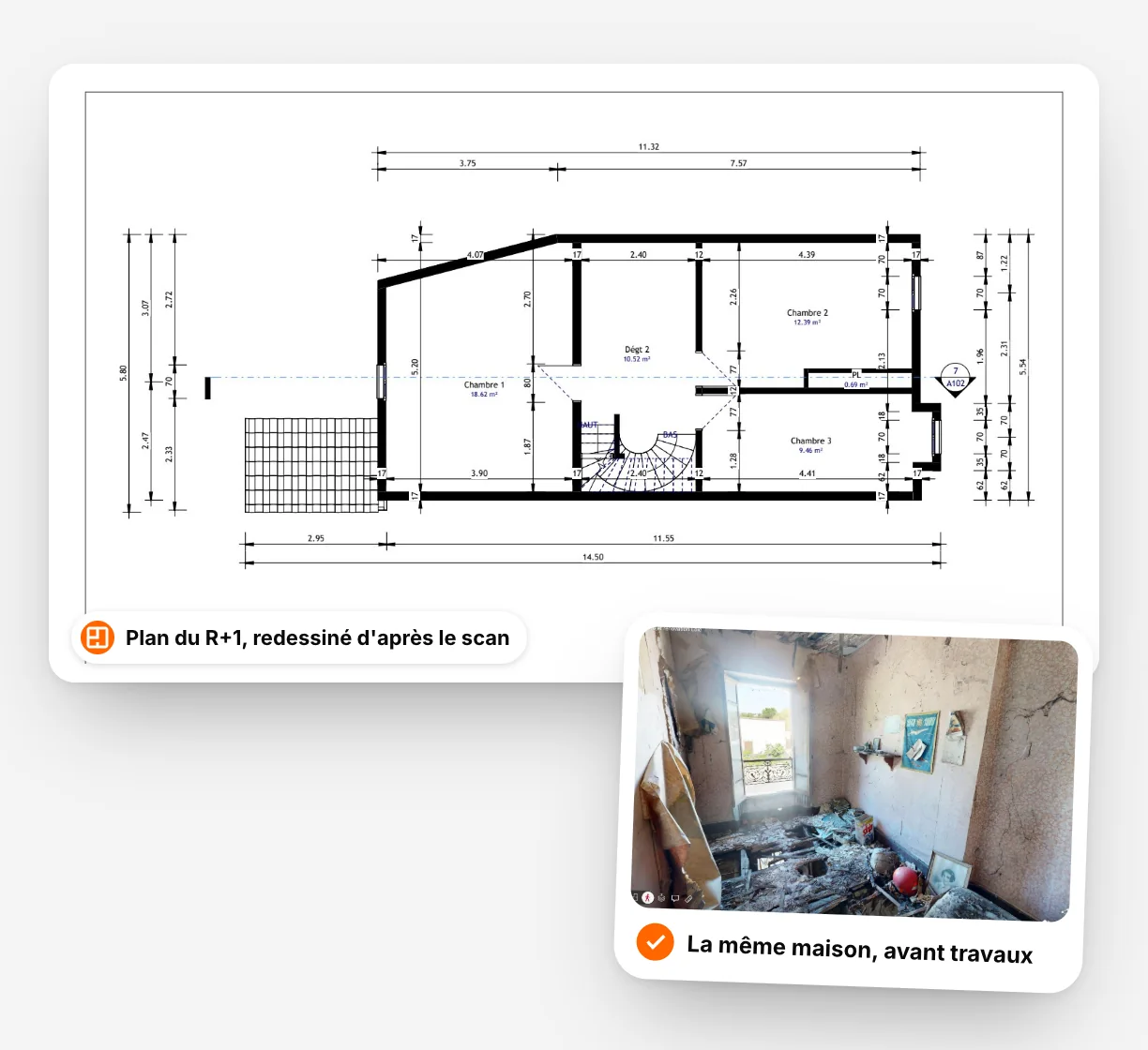 Dimensioned first-floor plan of a house, redrawn from the scan, and the same house before works