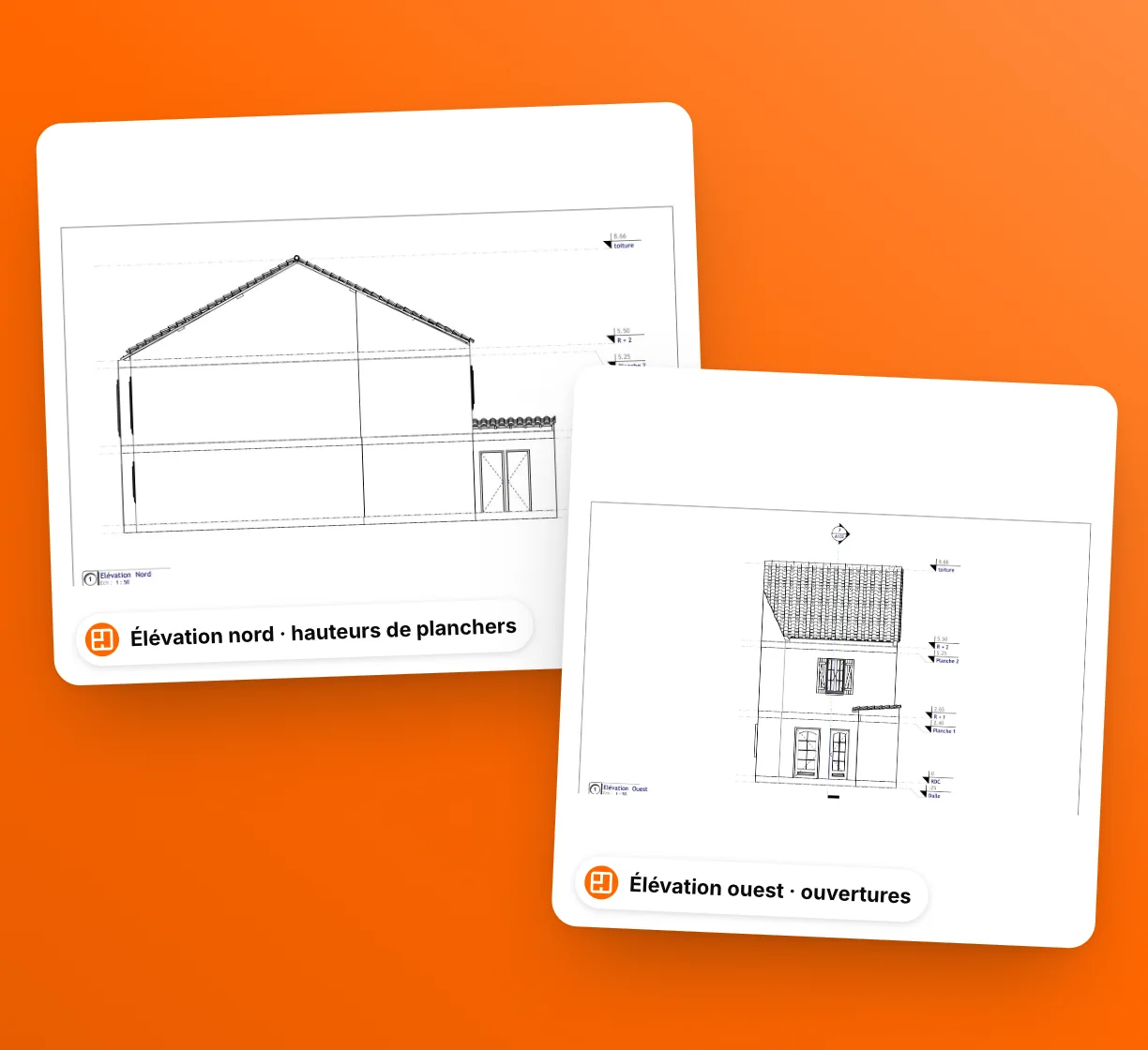 North and west elevations of a house, with floor heights and openings