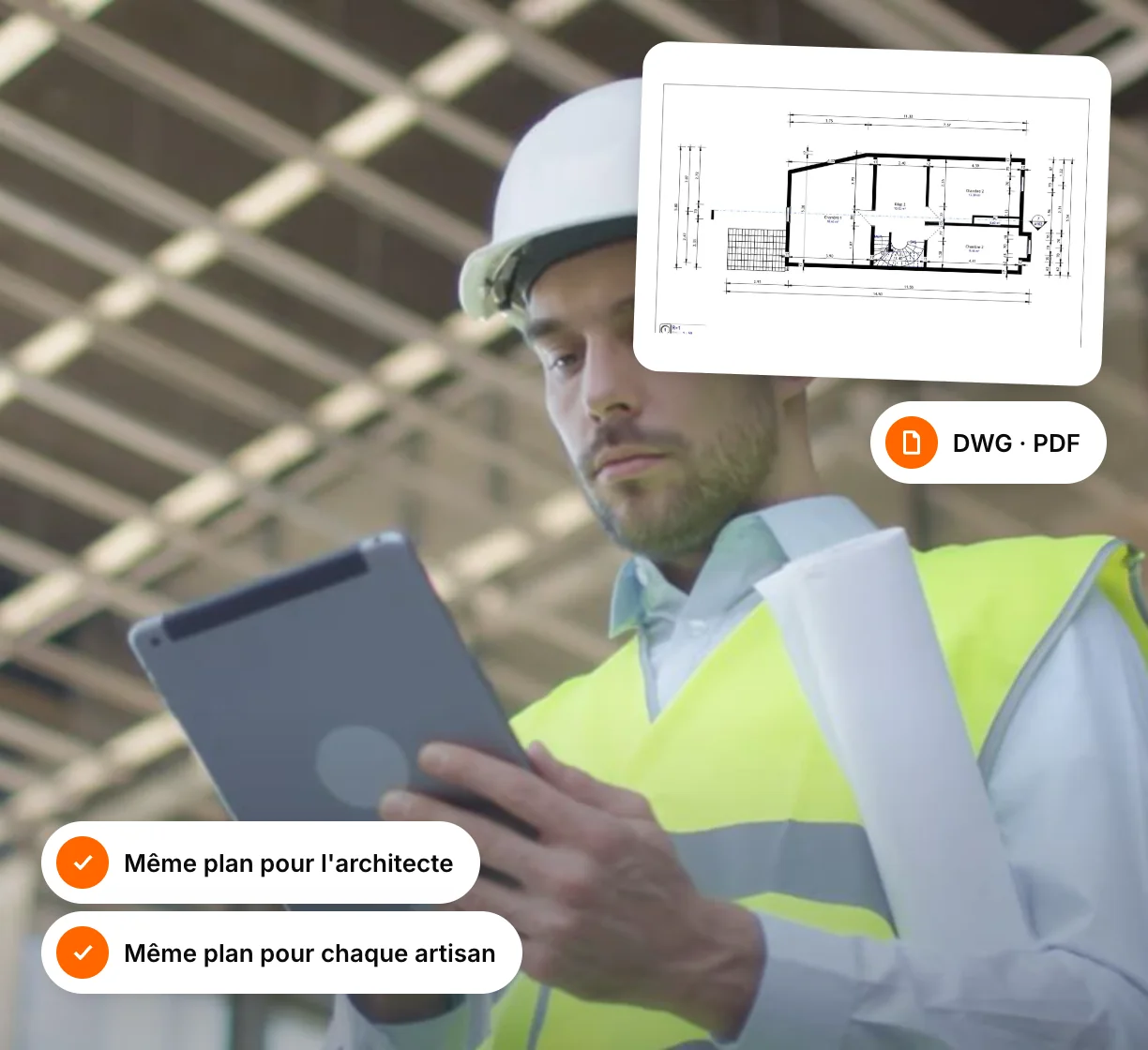 Site manager viewing on a tablet the same plan as the architect and the tradespeople
