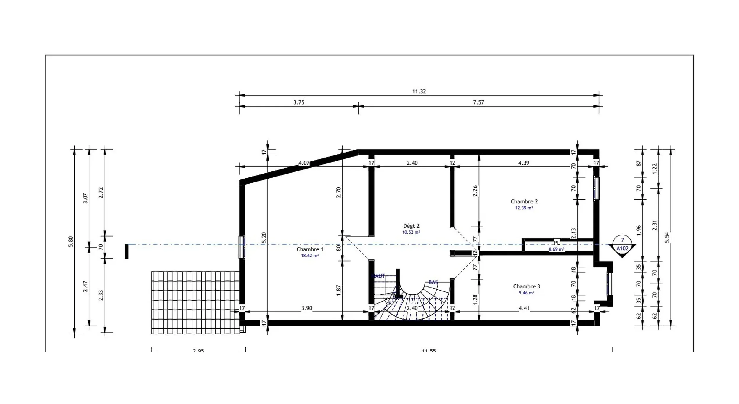 Dimensioned first-floor plan of a house, taken from the 3D scan, shown on a tablet
