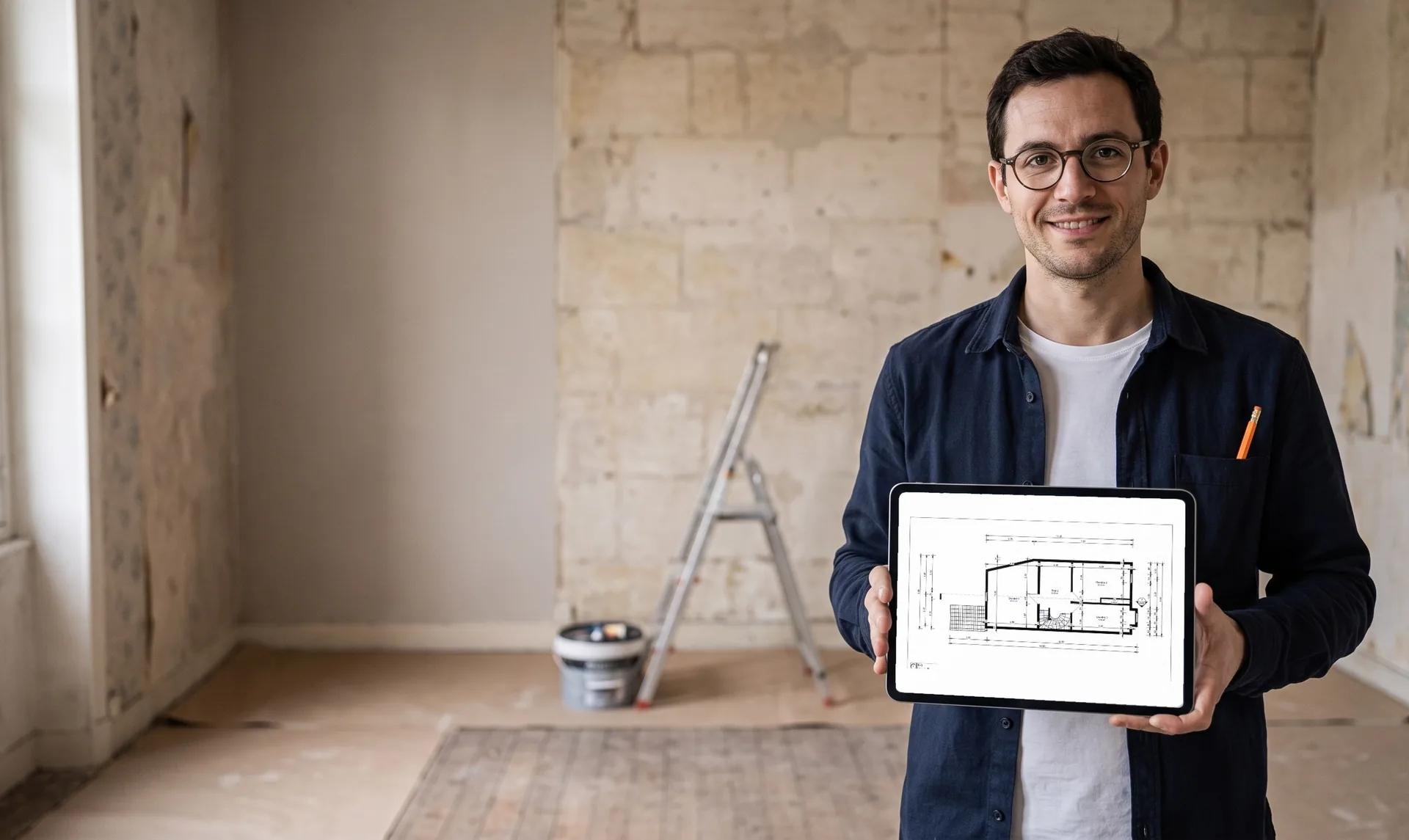 Architect in an old house under renovation, tablet in hand showing the dimensioned plan of one floor