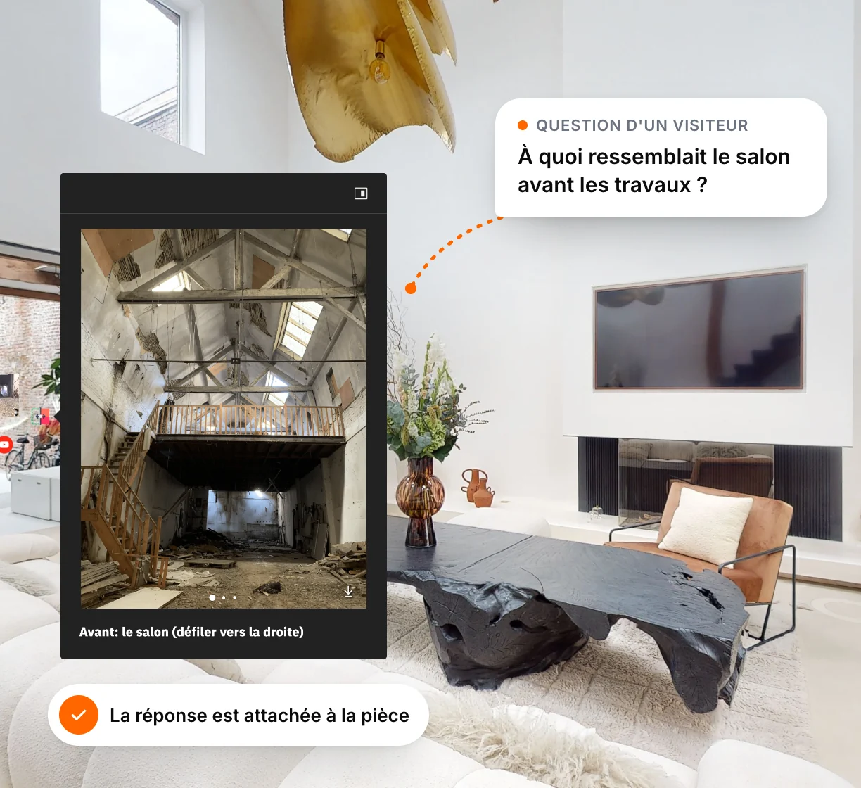 Dans le salon de la visite, un visiteur demande à quoi ressemblait la pièce avant les travaux ; le point d'information « Avant : le salon » y répond par la photo