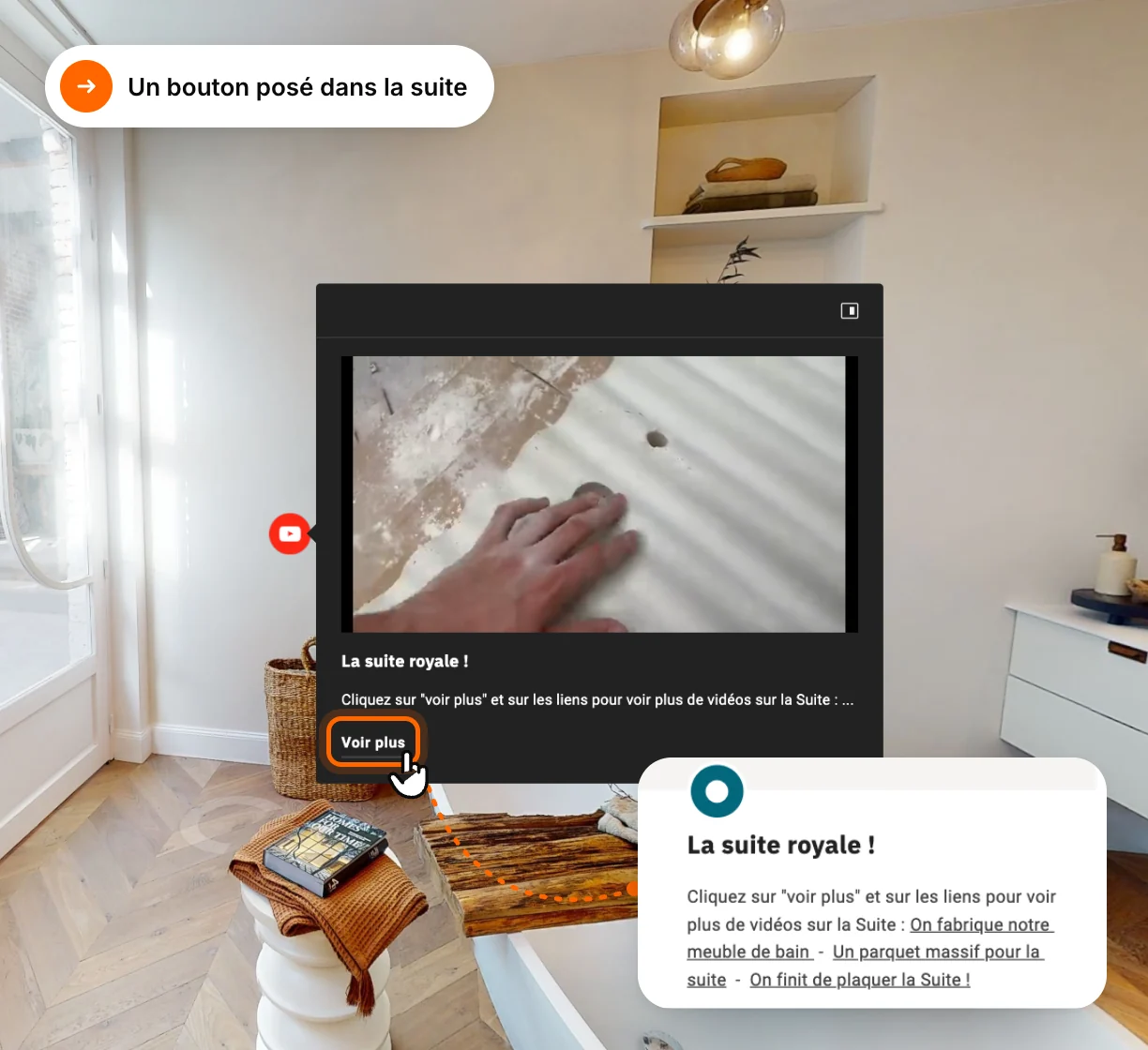 Point d'information « La suite royale ! » posé dans la suite, avec son bouton « Voir plus » qui ouvre les liens vers les vidéos de la pièce