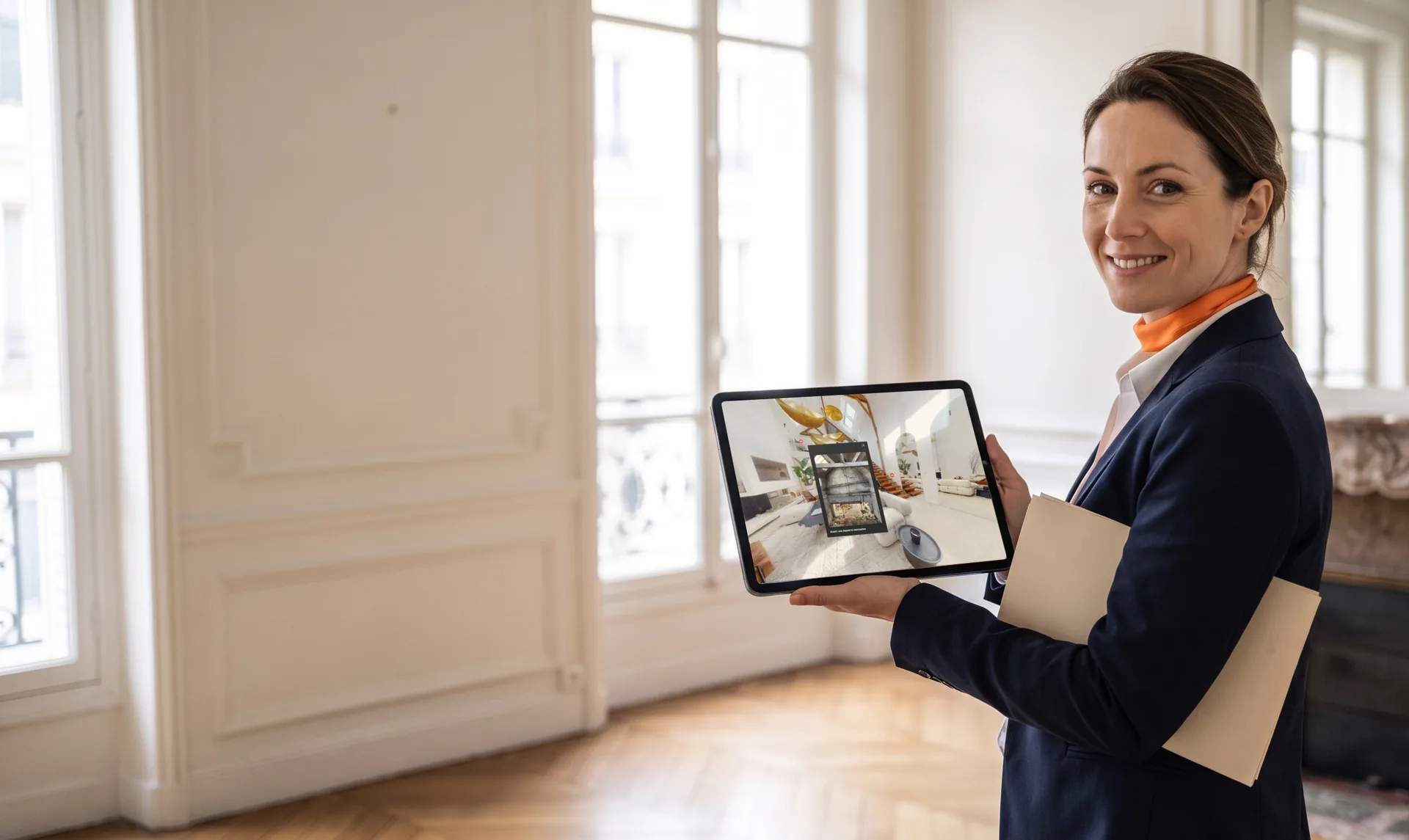 An estate agent in a Haussmann-style living room, tablet in hand on a tour with a point of interest open