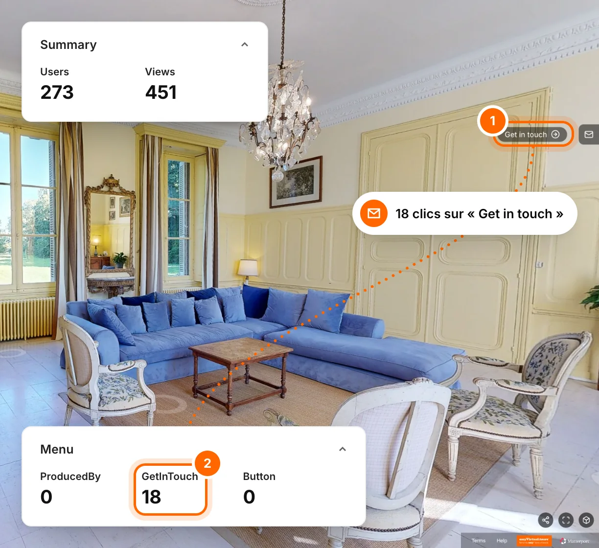 A château drawing room in its virtual tour: the tour's ‘Get in touch’ button linked to the table counting 18 clicks on it, for 273 visitors and 451 views