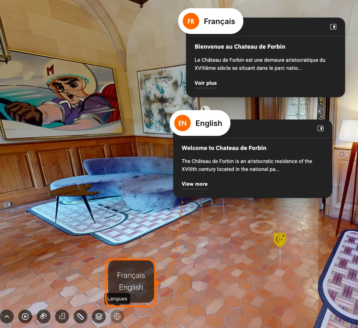 Visite du château de Forbin, menu des langues ouvert : la fiche « Bienvenue au Chateau de Forbin » de la version française et la même fiche dans la version anglaise