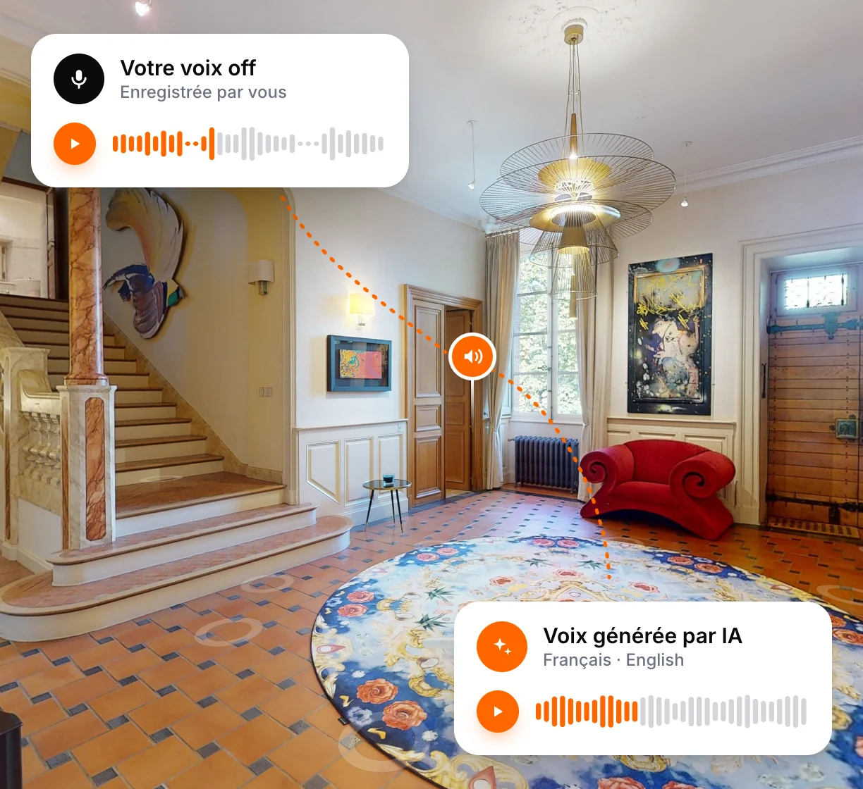 Vestibule du château de Forbin en visite 360°, avec deux lecteurs audio illustrés : votre propre voix off, ou une voix générée par IA en français et en anglais