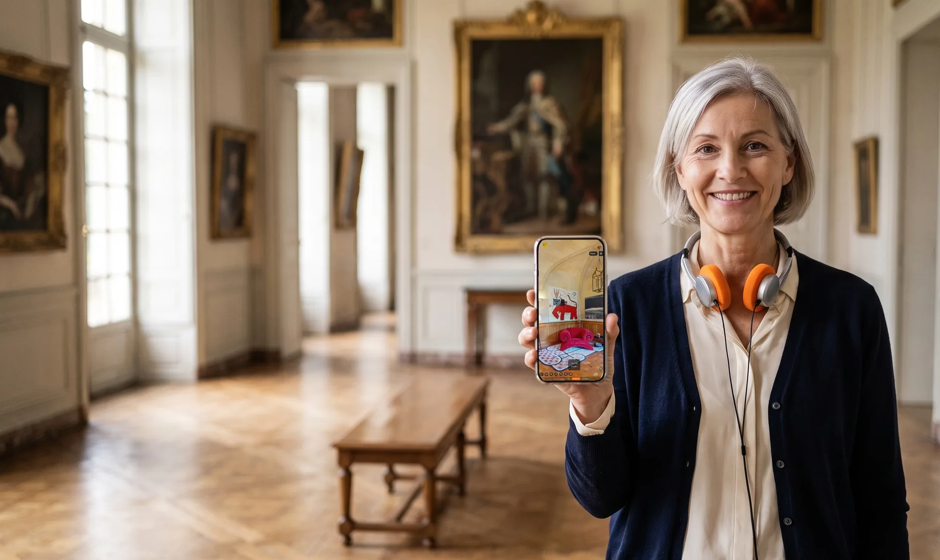 Visite virtuelle commentée ouverte sur une tablette, dans le lieu qu'elle fait visiter