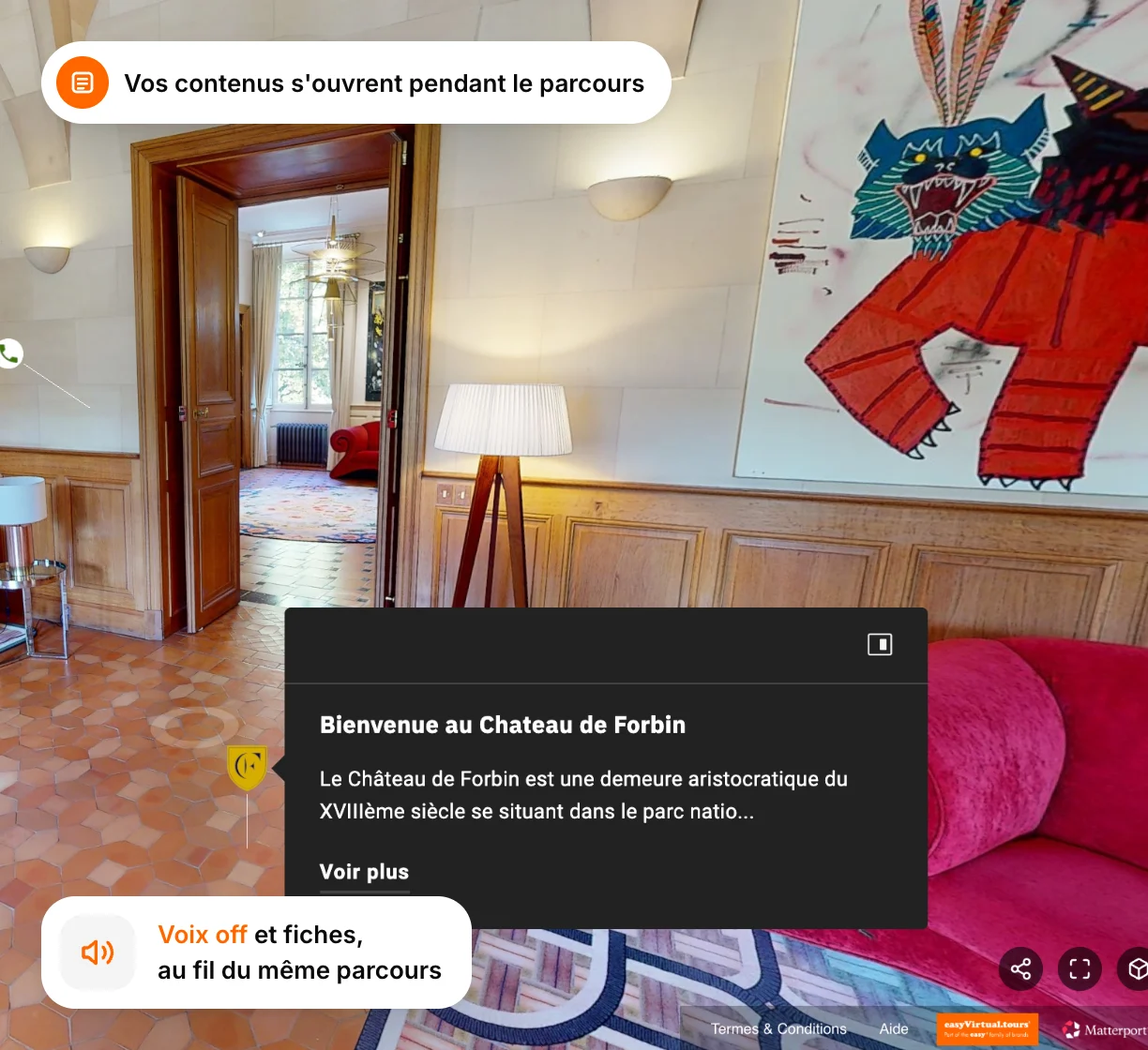 The ‘Bienvenue au Château de Forbin’ panel open during the route, in the château's drawing room
