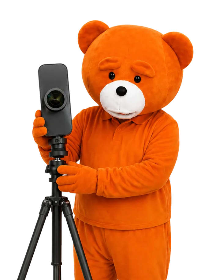 The easyBear mascot holding a 360° camera