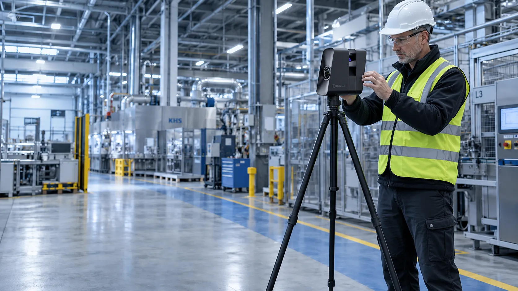 A franchisee setting up a Matterport 360° camera with a LiDAR sensor at an industrial site