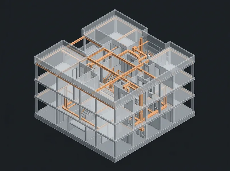 Maquette BIM d'un bâtiment de trois niveaux, réseaux techniques en orange