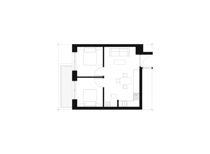 Plan d'un appartement de deux chambres avec séjour, cuisine et balcon