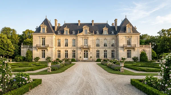 Façade d'un château avec jardin à la française et allée de gravier