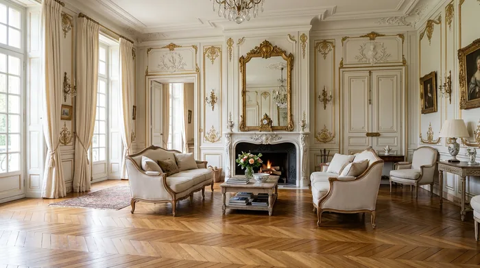 Grand salon à boiseries, cheminée allumée et canapés de style Louis XV