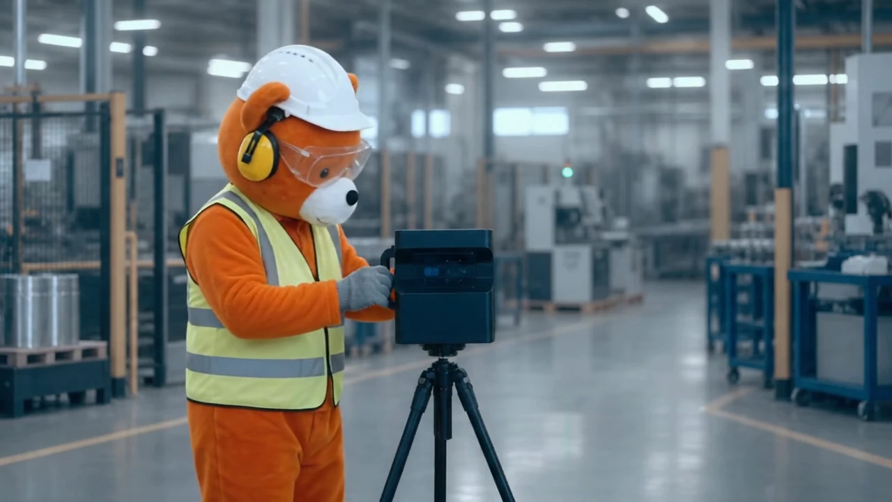 Ours easyVirtual.tours, la mascotte de la marque, en casque de chantier, règle une caméra 360° Matterport dans un hall d'usine