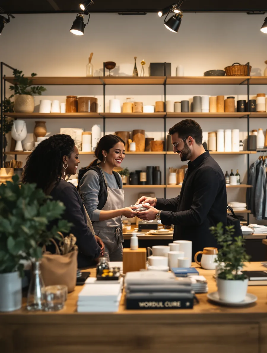 Une commerçante tend un article à des clientes dans une boutique