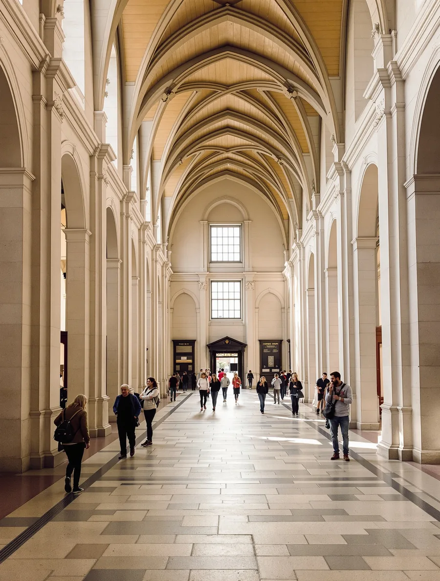 Des visiteurs dans la galerie voûtée d'un monument patrimonial