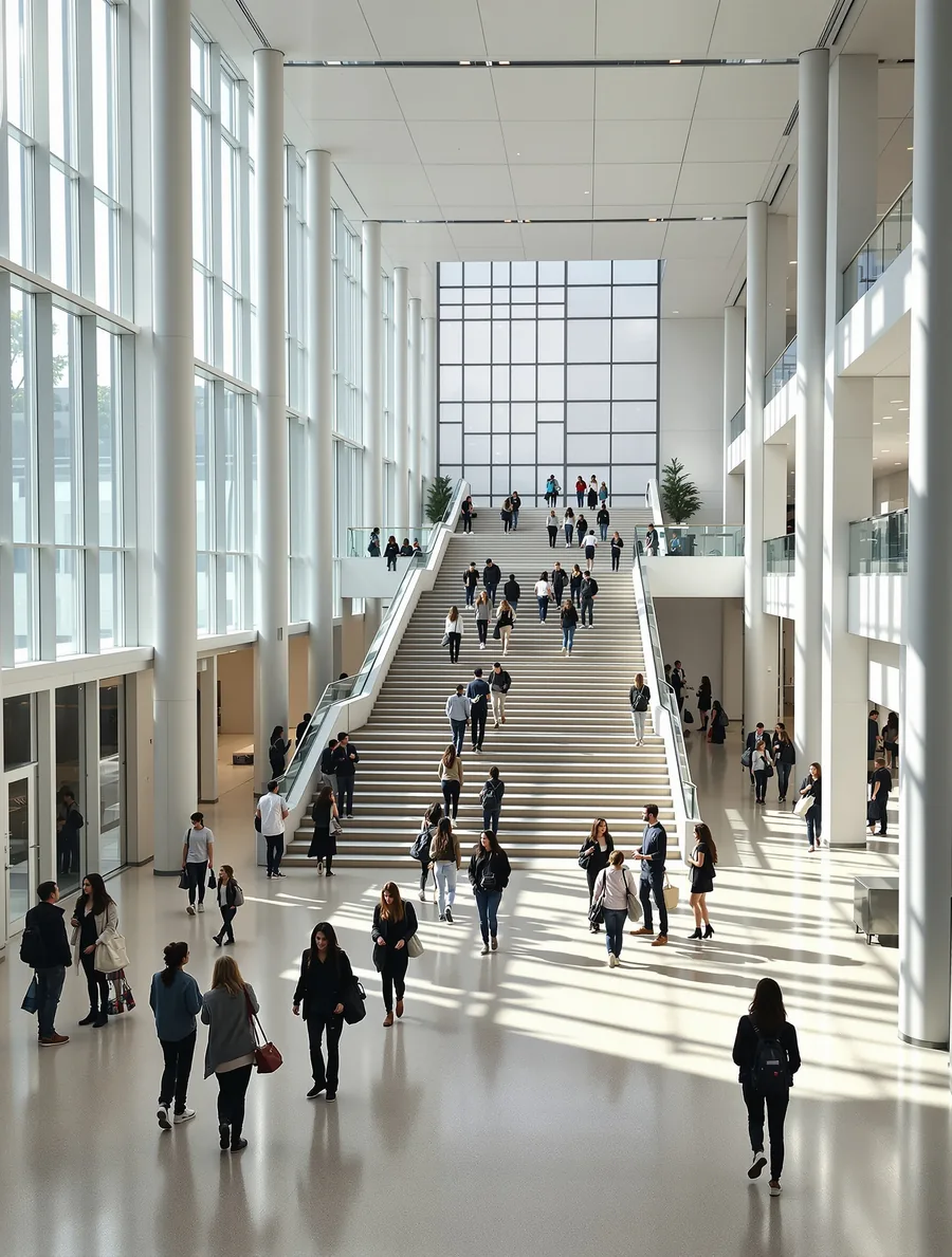 Étudiants dans le grand hall vitré d'un campus, autour d'un escalier