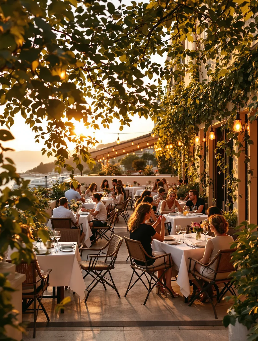Terrasse de restaurant au coucher du soleil, tables dressées et convives