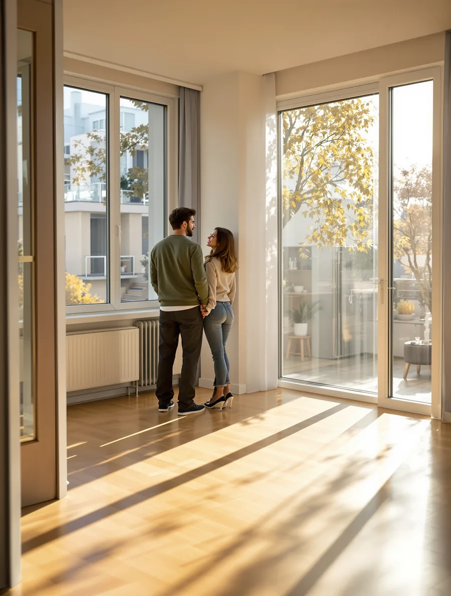 Un couple découvre un appartement lumineux aux grandes baies vitrées