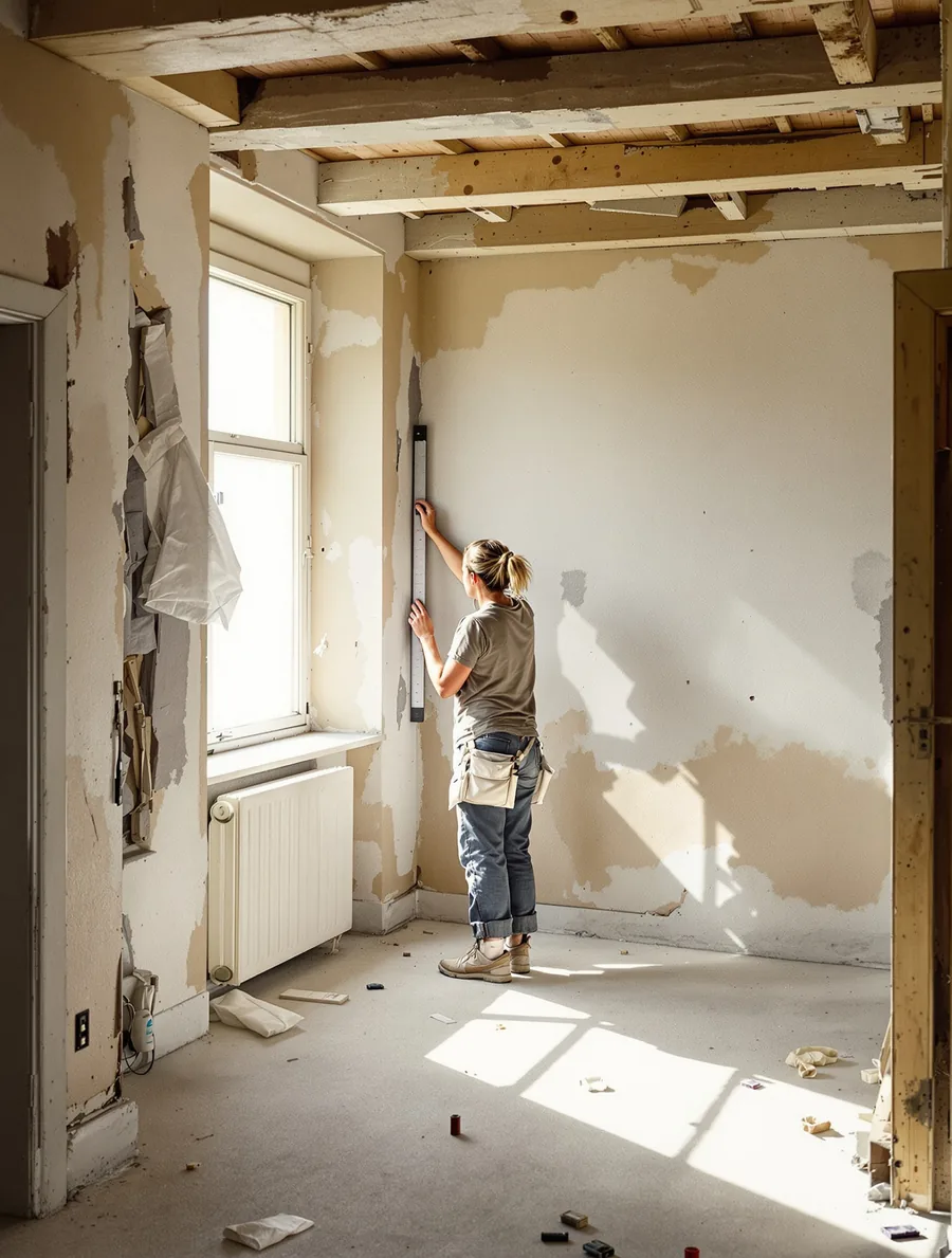 Une artisane prend des mesures sur un mur en chantier